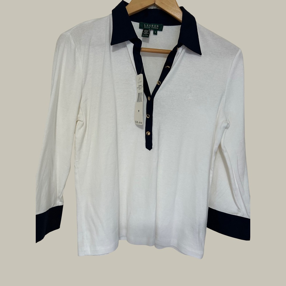 Lauren Ralph Lauren Womens White Navy Long Sleeve Polo Shirt Size M NWT